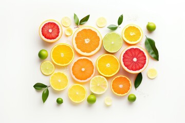 Arrangement of assorted citrus fruits displayed on a white background in a flat lay style.