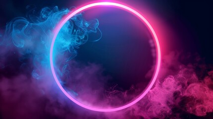 Modern illustration of fantasy game portal with 3D round glow led circular border and colored steam in neon blue and pink gradients. Realistic modern illustration of magic fantasy game portal with