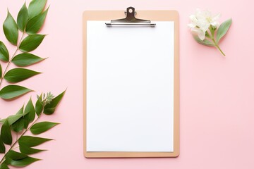 Aesthetic design featuring a clipboard and fresh green leaves against a soothing pink pastel backdrop. An artful representation showcasing open areas for text or additional content.