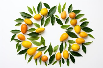 Abstract design created using mangoes and leaves. Top-down view. Culinary theme. Mango positioned against a plain white backdrop.