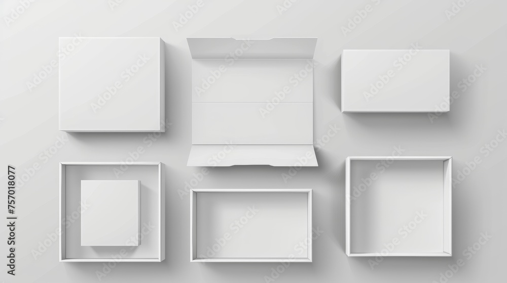 Poster a realistic modern illustration of a white closed and open cardboard box with a cover. the mockup co