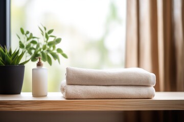 Blurred bathroom shelf background showcasing a wooden table adorned with a spa towel. - obrazy, fototapety, plakaty