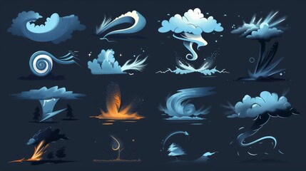 Cartoon collection of tornado cartoons, whirlwinds, and hurricanes. Modern illustration set of tornado tornadoes with dust clouds, clouds of dust, and water.