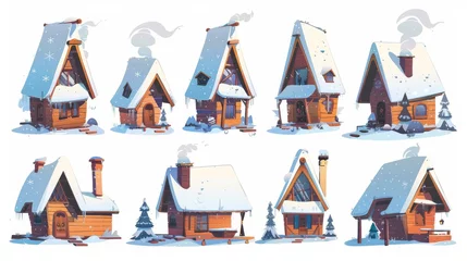 Foto auf Acrylglas An idyllic wood cabin with a porch atop pillars, a roof covered in snow, and a chimney with smoke. A cartoon modern set showing a small triangular house for a forest resort or for a camping trip. © Mark