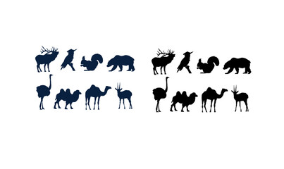 flat design animal silhouette set, camel, wildlife, desert, wild, illustration, deer, farm, goat,  black, horses,  art,
