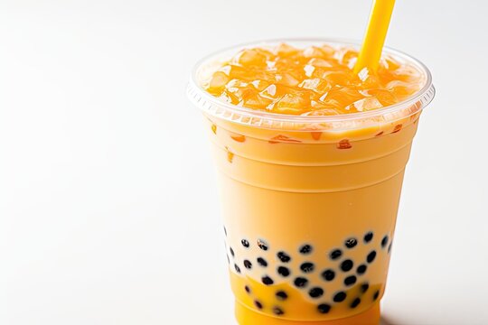 Close up macro image of a refreshing orange boba drink, commonly known as Bubble Tea