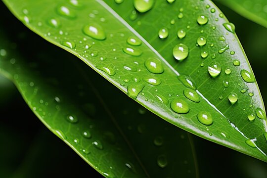 Close-up image of a vibrant green leaf adorned with numerous droplets, symbolizing its freshness and vitality due to the presence of water. 