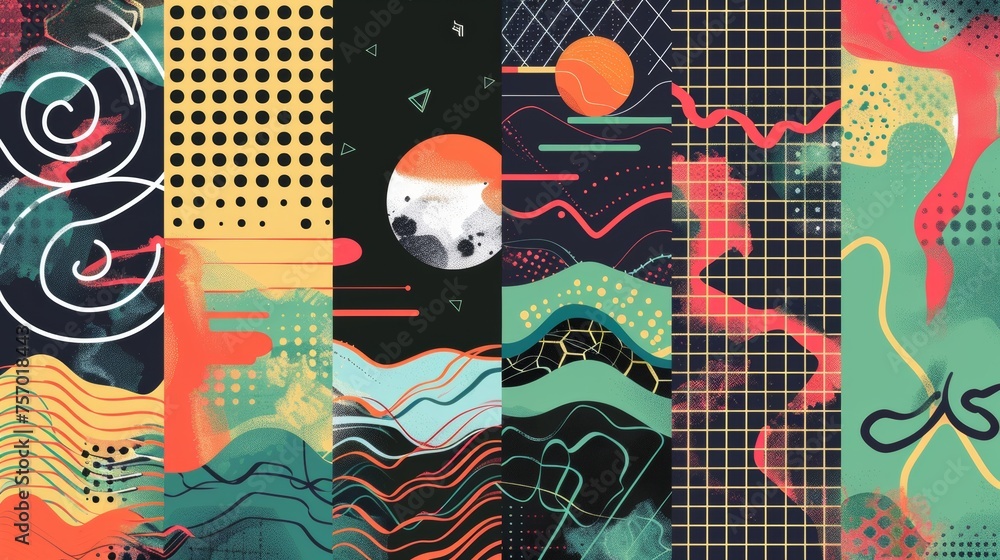 Poster modern banner layout set with retro y2k style abstract geometric grid elements and fluid patterns, t