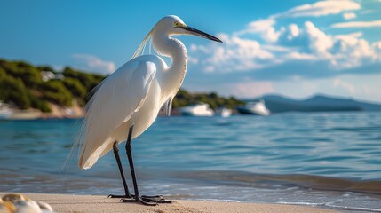 Elegant white egret standing on a sandy beach with blue waters - obrazy, fototapety, plakaty