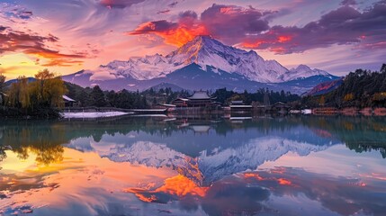 Snow-capped mountain reflecting on a serene lake at sunset
