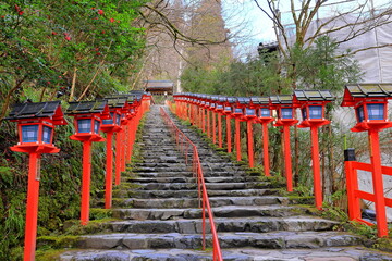 Fototapeta na wymiar Kifune Shrine, a Shinto shrine with a lantern-lined path at Kuramakibunecho, Sakyo Ward, Kyoto, Japan