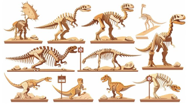 Dino skeletons isolated on white background. Modern cartoon illustration of dino bones on wooden stand, no touch warning sign, history museum exhibit kit, remains of ancient animals.
