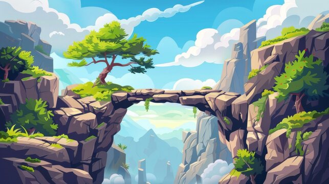In the mountains there are log bridges, a tree lays above a gap between high cliffs, green moss over cracked stones, white clouds in blue sunshine, and a game background.