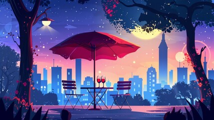 At dusk, a cartoon cityscape emerges with a table, chairs, and wine glasses under an umbrella. Open air date or dinner for a couple in the moonlight.