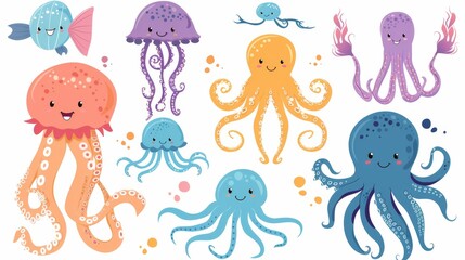 Modern illustration set of cute underwater animals with tentacles. Childish swimming adorable tropical marine inhabitant with funny face.
