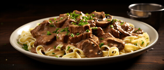 Beef stroganoff and noodles on plate