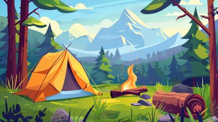 Cartoon modern summer landscape with log as seat place, bowler under campfire, tourist backpack near shelter during outdoor adventure with tent and fire in forest.