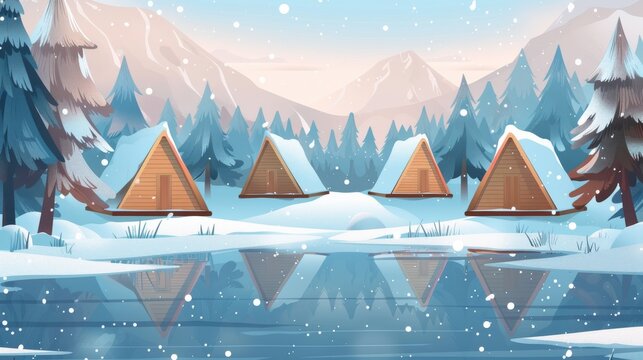 Cabins standing on frozen river bank covered with snow in forest. Cartoon modern landscape with wood triangular houses for winter woodland camping. Cozy cottage among fir trees in a forest.