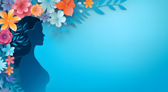 Women's Day holiday blue background. International Women's Day paper art background with copy space. 