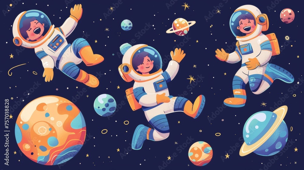 Poster a cute little boy astronaut flying and playing on a little alien planet in outer space. modern illus