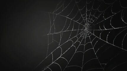 Halloween spider web background. Modern scary spooky cobweb net on black background. Creepy decoration texture with thin sticky thread line on dark. Arachnid trap for insects. - obrazy, fototapety, plakaty