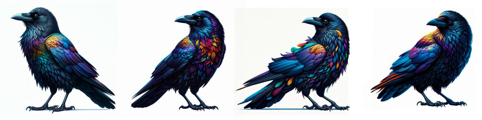 Obraz premium Black and Bright: A Colorful Black Crow Showcases its Stunning Plumage Against a White Background