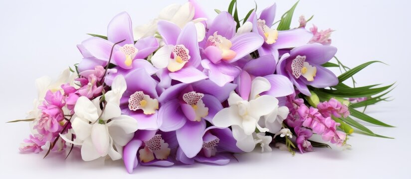A beautiful arrangement of purple and white flowers, a mix of violet petals creating an artistic bouquet on a clean white background