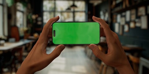 Person holding a smartphone with a green screen in a blurred cafe setting - 757019265