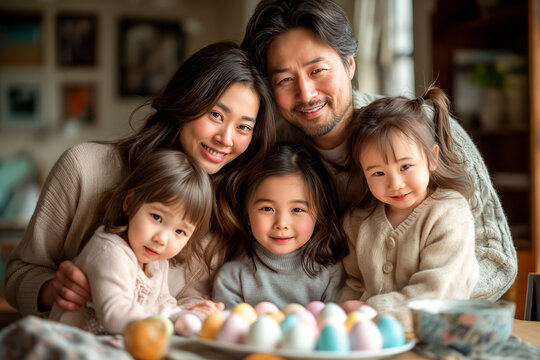 cute Asian family painting Easter eggs at home. kids and parents prepare for Easter