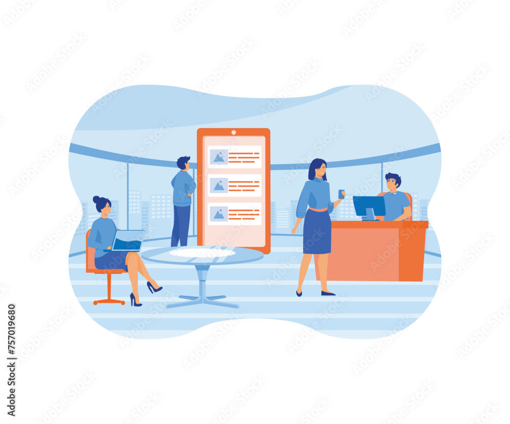 Aufkleber business development concept. mobile application development and design process with business team w