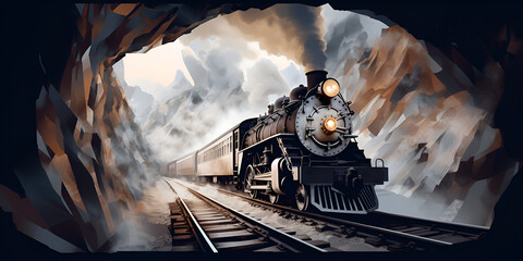 train entering in the tunneland emiting smoke environmental pollution background