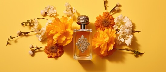 A bottle of perfume sits elegantly on a yellow tableware surrounded by beautiful yellow flowers. The vibrant orange petals of the flowers complement the artificial flower bouquet arrangement - Powered by Adobe