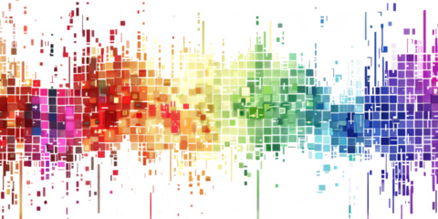 rainbow colored pixel art, technology design background isolated on white or transparent png