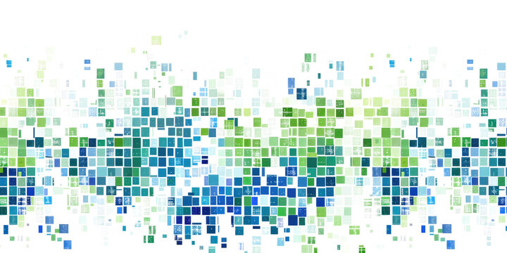green and blue colored pixel art, technology design background isolated on white or transparent png
