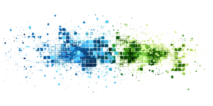 green and blue colored pixel art, technology design background isolated on white or transparent png