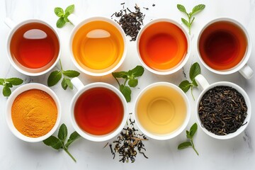Various types of tea in different colors on white glasses, in the photo from above.