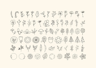 Fototapeta na wymiar Cute hand-drawn line art doodles of plants, leaves, flowers, branches and wreaths for logos and cards. Vector illustration with monimalist plants illustrations. Botanical illustrations.