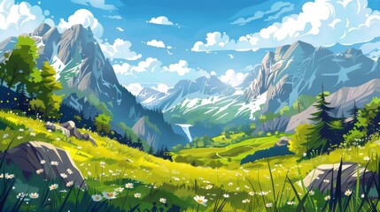 Grass and bushes in a spring field, rocky cliffs with a glacier, white clouds in a sunny blue sky. It is a beautiful scene of a mountain valley with flowers and trees. Modern illustration of spring - obrazy, fototapety, plakaty