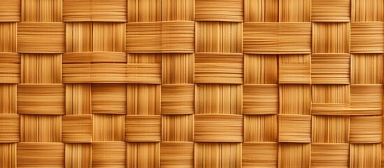 A closeup shot of a rectangular wooden wall with a wicker pattern in a warm brown color. The amber wood stain adds depth to the flooring plank, enhancing the varnished finish