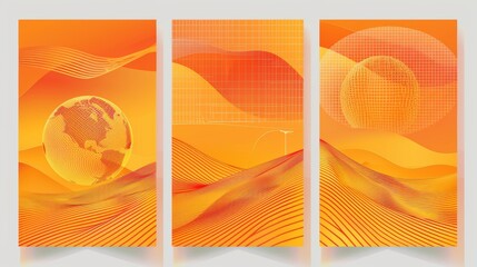 Retro-futuristic flyer set with abstract geometric lines, a wireframe globe and y2k aesthetic techno banners on an orange background.