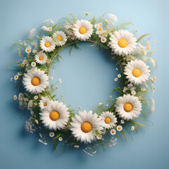 Obraz premium Daisy flower frame, isolated on a blue background, Spring Frame