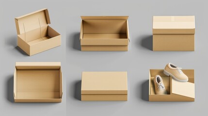 Isolated realistic 3d mockup of brown cardboard boxes for shoe packaging, mail delivery, and gift parcel packaging on grey background.