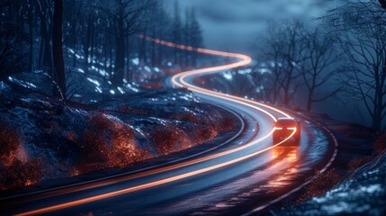 A car driving down a winding road at night. - obrazy, fototapety, plakaty