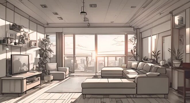 animated virtual backgrounds, stream overlay loop, interior, cozy futuristic cyberpunk living room at sunset, vtuber asset twitch zoom OBS screen, chill anime lo-fi hip hop