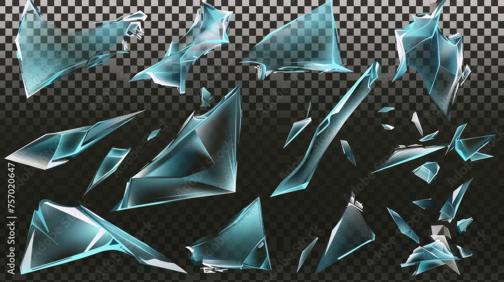 Poster broken mirror shards, crystal shards, window fragments with irregular sharp edges isolated on transp