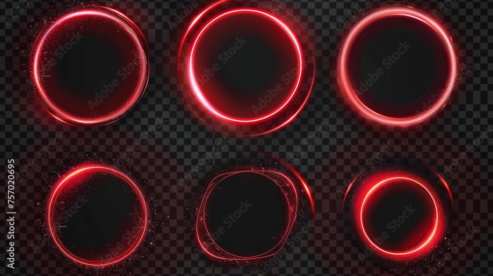 Poster an illustrated set of red circle frames isolated on a transparent background and haze and shimmering