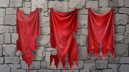 Isolated medieval red cloth banners on stone background. Silk flags with torn edges hanging on old castle wall, blank frame space for royal sign, vertical pennant illustration. - obrazy, fototapety, plakaty
