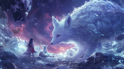 Generative AI, In a poignant tableau, the Rabbit Spirit, embodying grace and healing, and the Arctic Fox Spirit, symbolizing cunning and resilience, stand as guardians for a girl, instilling bravery i - obrazy, fototapety, plakaty