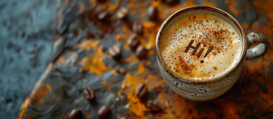 Vintage Ceramic Coffee Cup with 'Hi' Spelled in Cinnamon on Crema, Surrounded by Coffee Beans and Autumn Leaves
