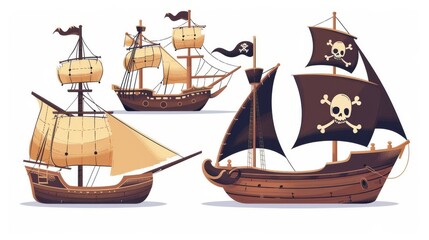 The jolly roger skull is printed on the sail of a pirate vessel. The set of wooden ships is isolated on a white background.